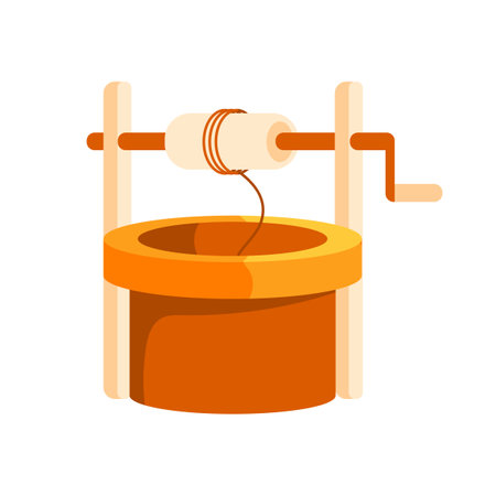 Water well set. Stone and wooden decorated peasant wells for water extractionのイラスト素材