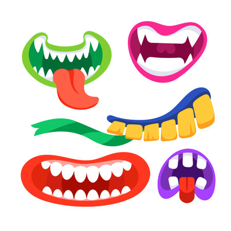 Monster mouth with tongue and teeth. Scary and funny mouthのイラスト素材