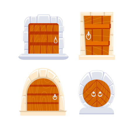 Castle medieval doors. Door in stones, kingdom gates. Home facade.のイラスト素材