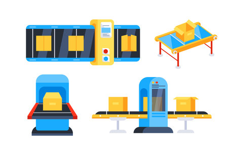 Conveyor belt set. Metal assembly transporter. Industrial moving line systemのイラスト素材