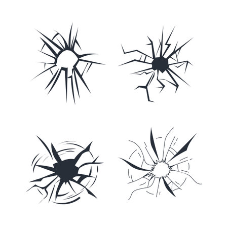 Set of realistic broken glass holes showing damage from impactのイラスト素材