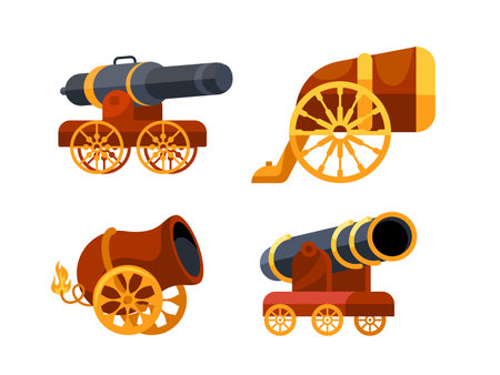Set of vintage cannons shooting with fire and smoke on wheelsのイラスト素材