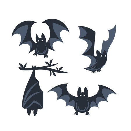 Four different cartoon bats with big eyes flapping their wings and hanging from a branch.のイラスト素材