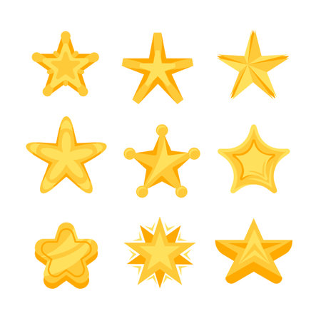 Set of nine different cartoon style gold stars shining brightly.のイラスト素材