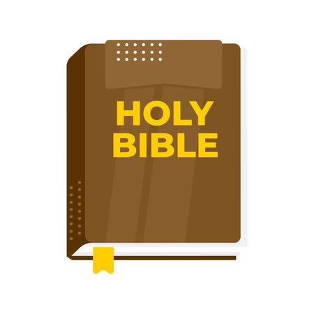 Brown holy bible book cover with a yellow bookmark is shown, representing faith and religionのイラスト素材