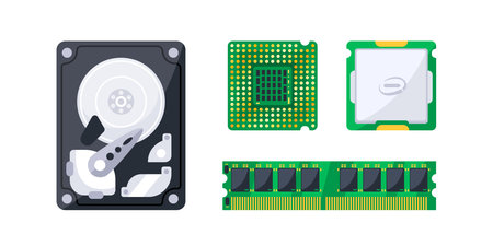 Essential computer hardware components laying on a white background including cpu, gpu, ram and hard...