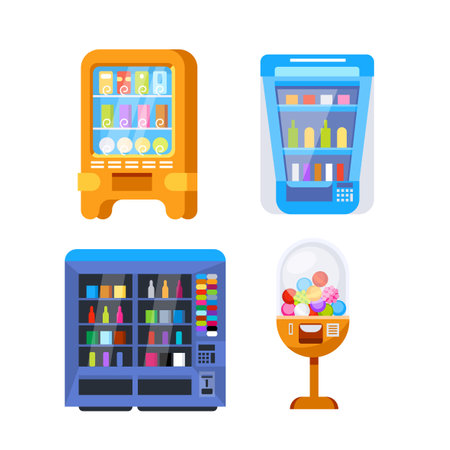 Colorful set of vending machines offering snacks and beverages for sale in a store or mallのイラスト素材