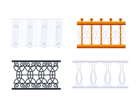 Set of balcony railing is showing different design and material using flat styleのイラスト素材