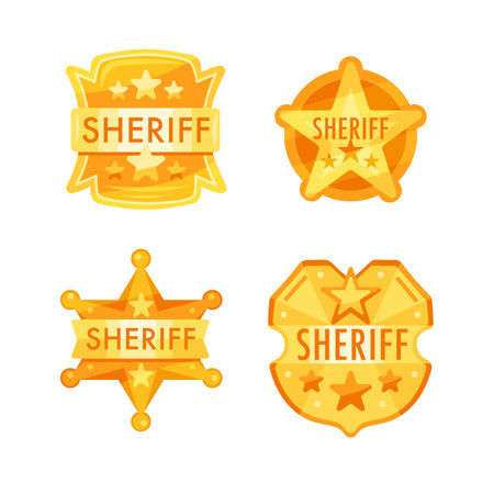 Four golden sheriff badges with stars are representing law enforcement in wild westのイラスト素材