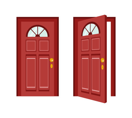 Classic wooden door, closed and open, isolated on white backgroundのイラスト素材