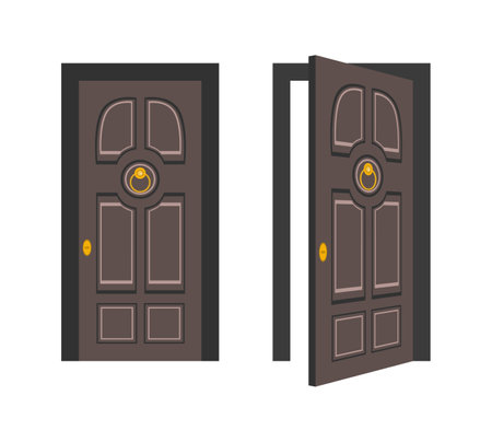 Classic brown wooden door, closed and open positionのイラスト素材