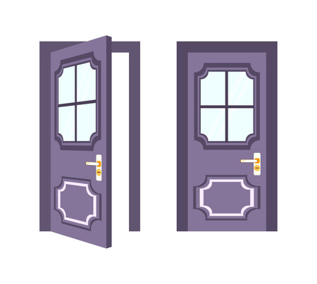 Purple door opening, showing an empty doorway, entry or exit, closed door version includedのイラスト素材