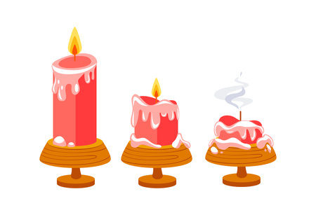 Three red candles on wooden candle holders showing different stages of burningのイラスト素材