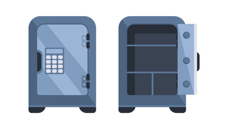 Closed and Opened Metal Safe Box with Empty Shelves and Electronic Lockのイラスト素材