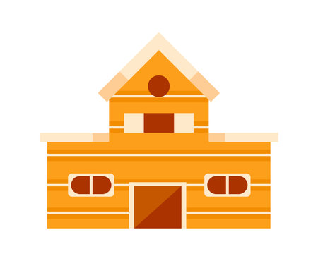 Wooden house with brown door and windows standing on white backgroundのイラスト素材