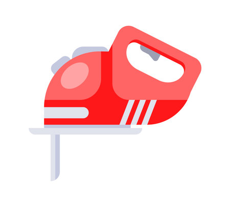 Red electric jigsaw cutting wood plank, flat design illustrationのイラスト素材