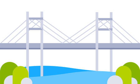Cable stayed bridge crossing blue water with green trees on riverbank in flat designのイラスト素材
