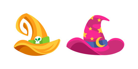 Colorful witch and wizard hats showing halloween spooky and magical symbolsのイラスト素材