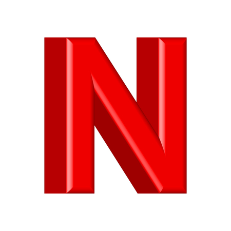 Glossy pink paint letter N lowercase. 3D render of bubble font with glint isolated on white background.のイラスト素材