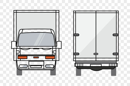 Vector small truck front view back view and side view. Cargo delivery. Solid and Flat color design. Truck car for transportation. Corporate identity. Transparent backgroundのイラスト素材