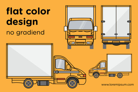 Vector small truck front view back view and side view. Cargo delivery. Solid and Flat color design. Truck car for transportation. Corporate identity.のイラスト素材