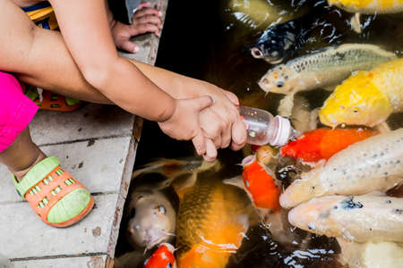 Mother and Son are feeding some fishesの写真素材