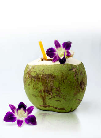 Fresh coconut juice isolated with white backgroundの写真素材