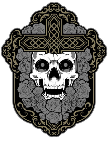 Skull flower rose beautiful design tattoo stickerのイラスト素材