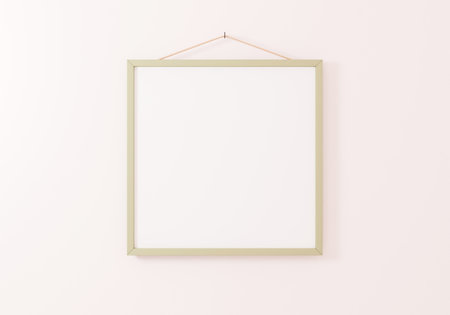 Square frame mockup hanging on white wall. 3d rendering.の写真素材