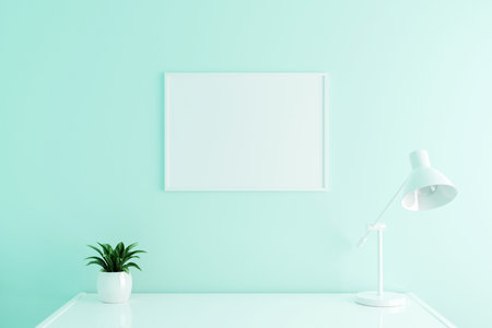 White Horizontal poster frame mockup on work table in living room interior on empty white color wall background. 3D rendering.の写真素材