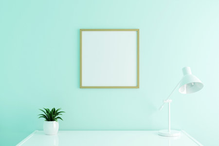 Square wooden poster frame mockup on work table in living room interior on empty white color wall background. 3D rendering.の写真素材