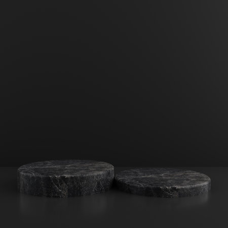 Minimalist simple marble cylinder podium or pedestal display with dark color background for product presentation. 3d renderingの写真素材