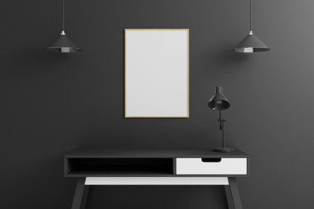 Vertical wooden poster or photo frame mockup with table in living room interior on empty black wall background. 3D rendering.の写真素材