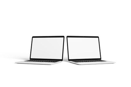 Minimalist laptop screen mockup with pastel color backgroundの写真素材