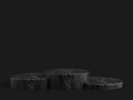 Minimalist simple marble cylinder podium or pedestal display with dark color background for product presentation. 3d renderingの写真素材