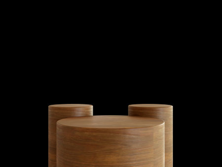 Cosmetic wood podium isolated in black background. Template for product presentation. 3d renderingの写真素材