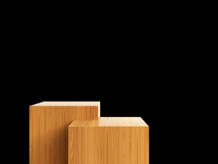 Cosmetic wood podium isolated in black background. Template for product presentation. 3d renderingの写真素材