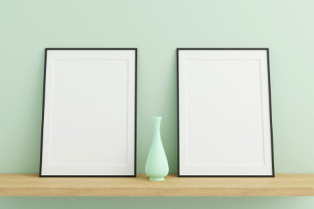 Vertical black poster or photo frame mockup on wooden table in living room interior with vase. 3D...
