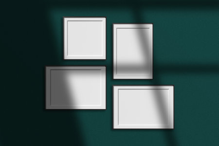 Set of black poster photo frame mockup in minimalist room with shadow overlayの写真素材