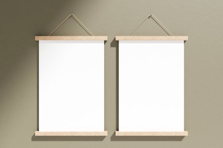 Double minimalist hanging square light wood poster canvas or photo frame mockup in living room. 3D rendering.の写真素材