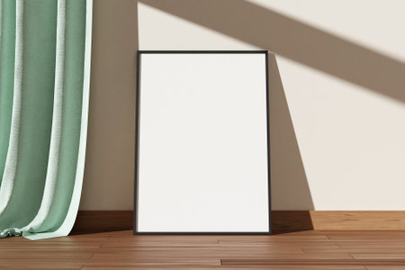 Minimalist and clean vertical black poster or photo frame mockup on the wooden floor leaning against the room wall. 3D Rendering.の写真素材
