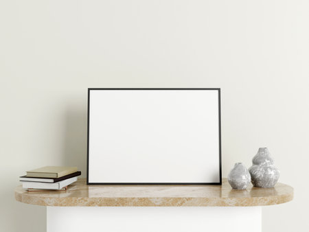 Minimalist horizontal black poster or photo frame mockup on the marble table with decoration. 3d rendering.の写真素材