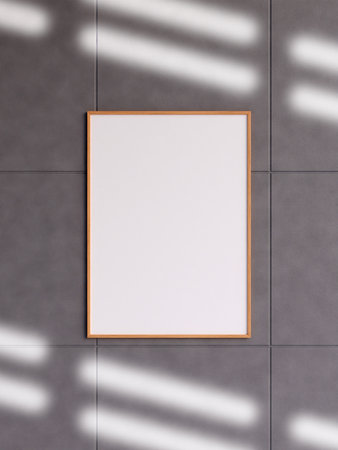 Modern and minimalist vertical wooden poster or photo frame mockup on the concrete wall in a room. 3d rendering.の写真素材