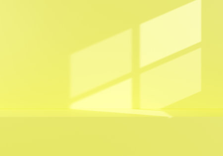 Front view of empty shelf or counter on yellow wall background with natural light of window. Display...