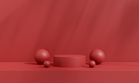 Red podium or stage in the red room, Minimal background for Christmas or Valentines day, 3d rendering studio with geometric shapes. Cosmetic product display.の写真素材