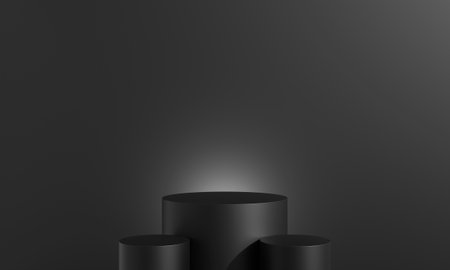 Black stone podium stand on minimal pedestal stage. empty product display mockup platform or cosmetic presentation showcase. 3d rendering.の写真素材