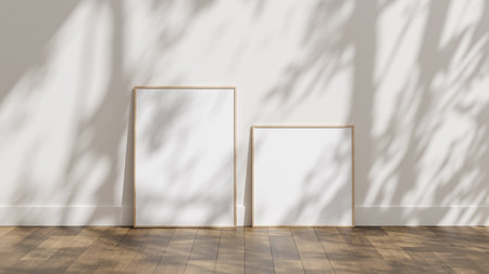 Frame poster mockup on wooden floor with white wall and sunlight shadow overlay