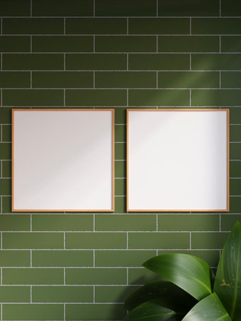 Double modern and minimalist square wooden poster or photo frame mockup on the brick wall in a room...