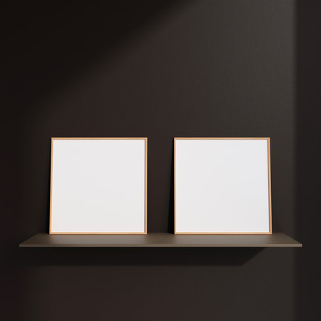 Minimalist square wooden poster or photo frame in modern living room wall interior design with...