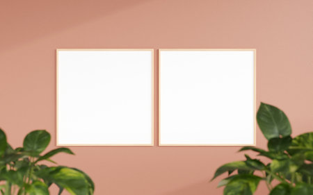 Clean and minimalist front view square wooden photo or poster frame mockup hanging on the wall with...